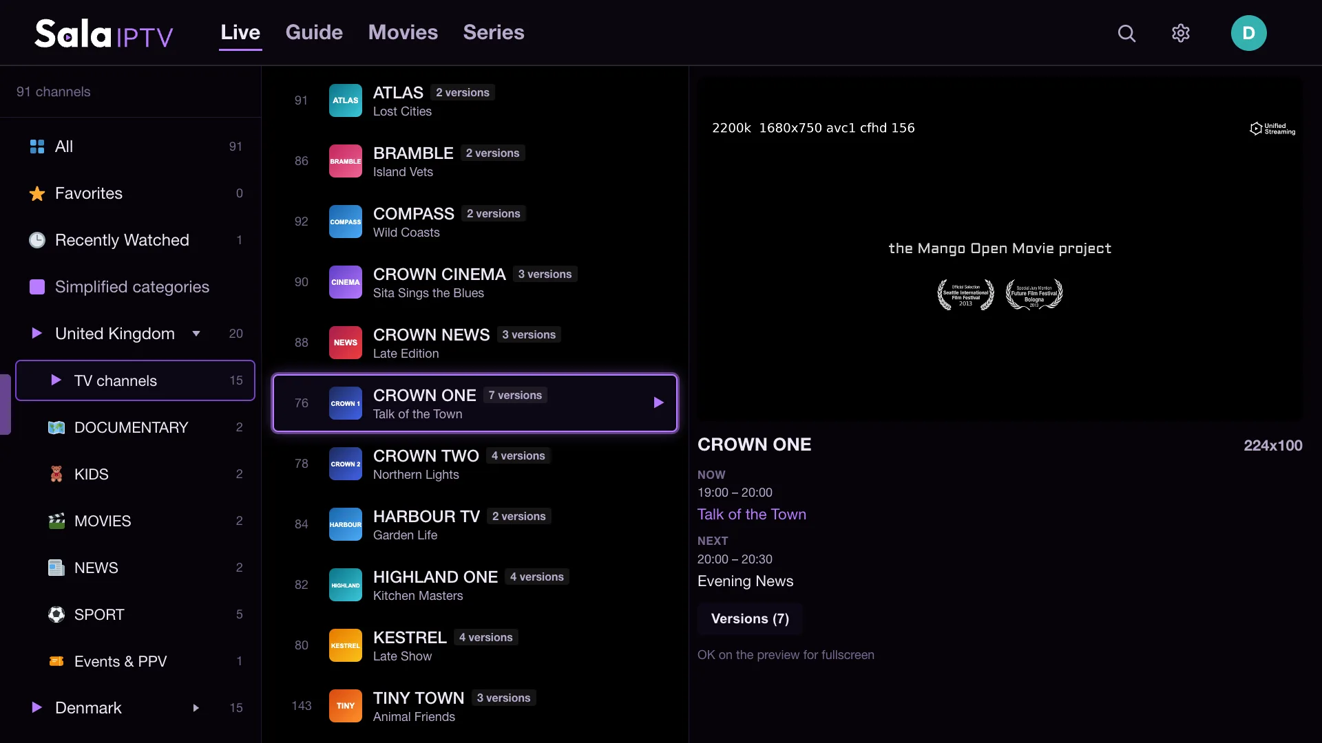Sala's Live page: a country's channels in a few clear categories, each channel once with the number of its versions