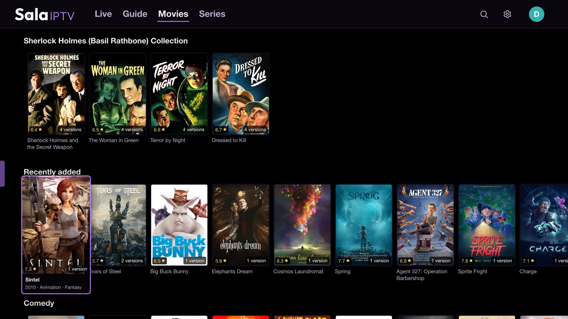 Sala's Movies page scrolled to a collection row and a Recently added row of posters