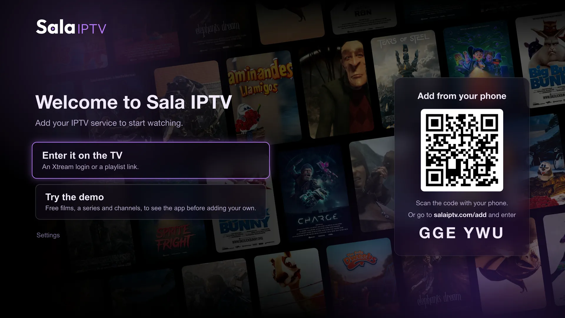 Sala's welcome screen over a wall of posters: enter a playlist on the TV, try the demo, or scan a QR code to add it from your phone
